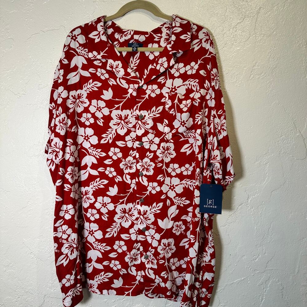 NWT George Size 3XL Hawaiian Print Short Sleeve Button Down Red White Casual